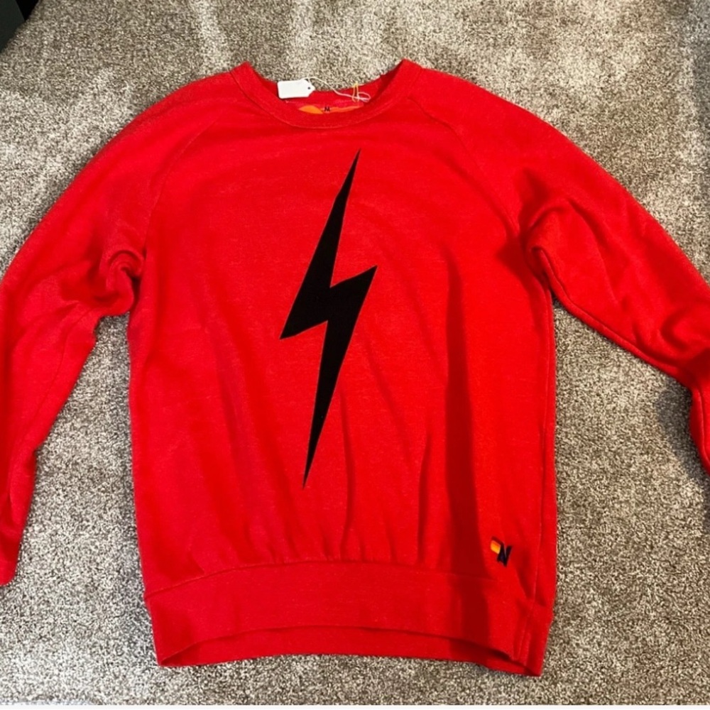 Aviator Nation Red Crewneck Sweater with Black Lightning Bolt